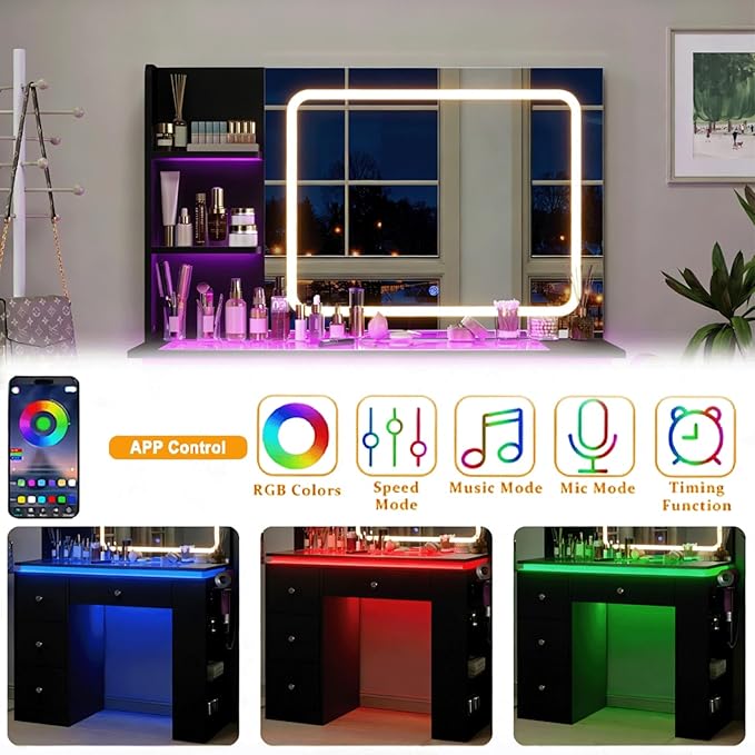 Black Vanity Desk with Illuminated Mirror & Power Outlet, Bedroom Dresser LED Mirror Stepless Dimmable & 3 Color Modes Adjustable RGB Drawers, for Women Girls Bedroom（Pure Black