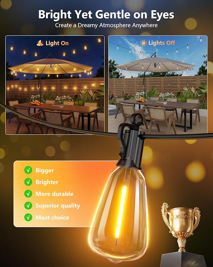 Brightown 58FT Solar String Lights Outdoor Waterproof with Remote, 25+1 LED Shatterproof Bulbs, Dimmable & Timable, 3 Light Modes - Commercial Grade Patio Lights for Garden Backyard Party Decor