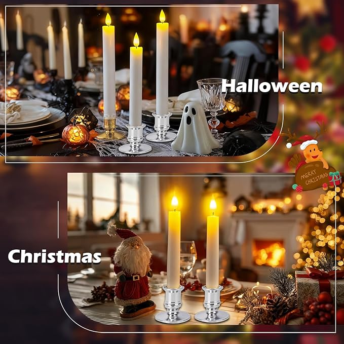 Pruk 10-Pack Flameless LED Candles w/Remote, Realistic Flickering Flame, Battery Operated Window Candles, Timer & Dimmer, Weighted Base, 10.8" Tall (Silver)