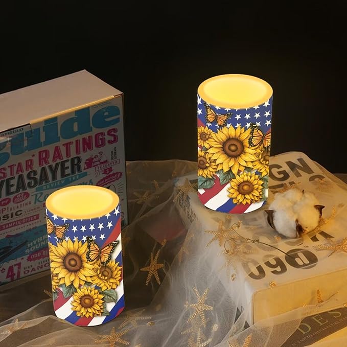 Independence Decorations Indoor Candles with Butterfly Sunflower American Flag Flameless Candles with Remote and Timer Set of 2 Battery Operated LED Candles for Festival Gift Home Room Decor