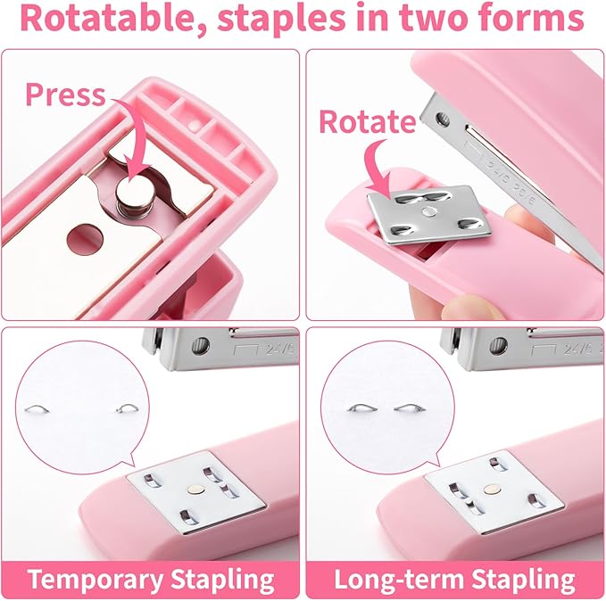 Pink Office Desk Accessories and Organizers, Office Supplies for Desk for Women, Stapler, 1000 Staples, Staple Remover, Phone Holder, Tape Dispenser, Pen Holder, Sticky Note, Clips, Ruler, Etc