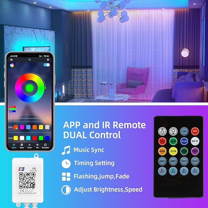 VST RGB LED Strip Lights, IP65 Waterproof 9.8ft LED Tape Light, Music Sync Color Changing Strip Lights, Smart App Control RGB Strip with Rechargeable Power Bank for Bedroom Home Party Decoration