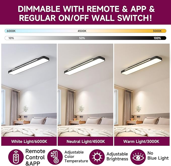Modern LED Ceiling Light with Remote, 54W Dimmable Linear Black Flush Mount Light Fixture, 39.4'' Low Profile Light Fixture Long LED Ceiling Lamp for Bedroom Living Room Hallway Kitchen