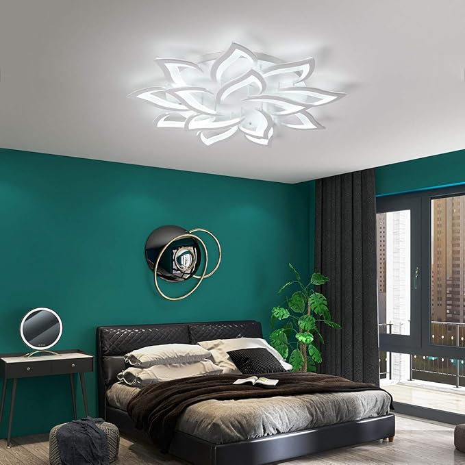 Garwam LED Dimmable Flower Shape Ceiling Light 14-Head Modern Petal Flush Mount Ceiling Lamp with Remote Control White Metal Acrylic Ceiling Chandelier Lighting for Living Room Bedroom Dining Room