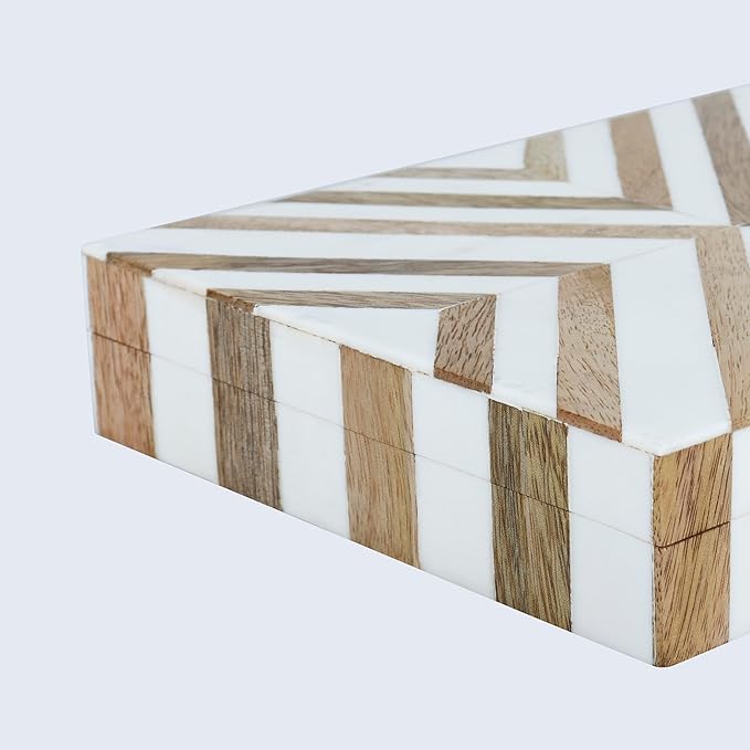 Handicrafts Home White Decorative Storage Box with Lid Wooden Desk Organizer Box Office Storage Box for Workspace Desk Decor Organizer – Resin Inlay Marquet Chevron Collection - 6x8x1.5