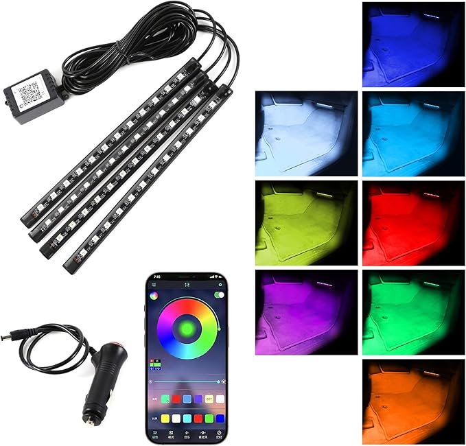 Car Led Interior Lights, 48 LED Multi Color Strip Light Under Dash Lighting Kit with APP Control, 12V Vehicle RGB Smart Music Sync Color Change Lights, Car Accessories (Cigarette Lighter+APP)