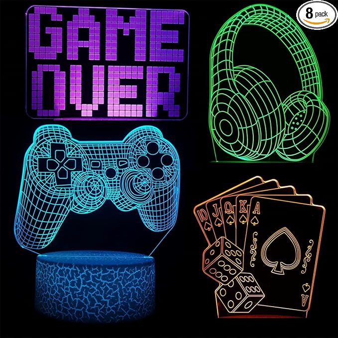 3D Gamepad Night Light with 4 Patterns 3D Hologram Illusion, Dimmable Remote Control, 16 Color Changing LED, Room Decor Earphone Bedside Desk Lamp, 3D Game Over Lamp for Game Lovers