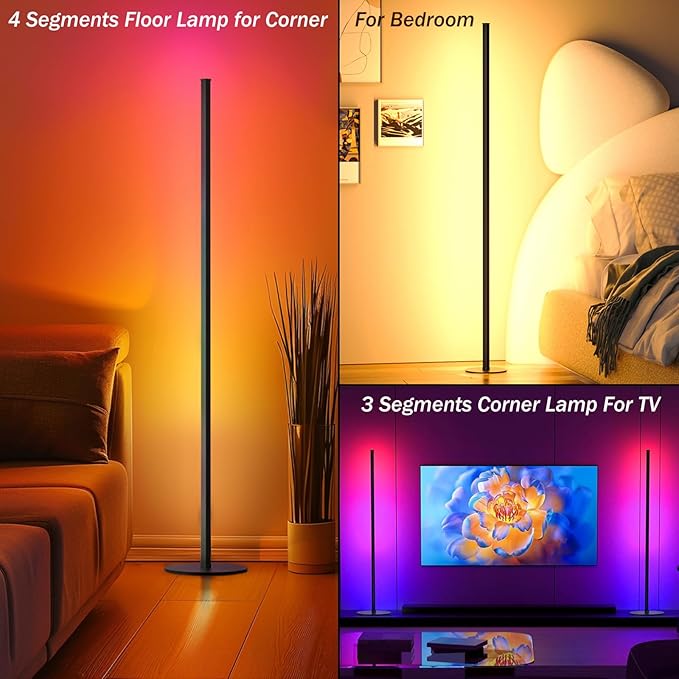 Corner Floor Lamp, RGB IC LED Corner Lamp, 16 Million DIY Color & Warm White, Music Sync and Timing Function, Color Changing Ambient Lights for Living Room, Bedroom, Gaming One Connected Pair