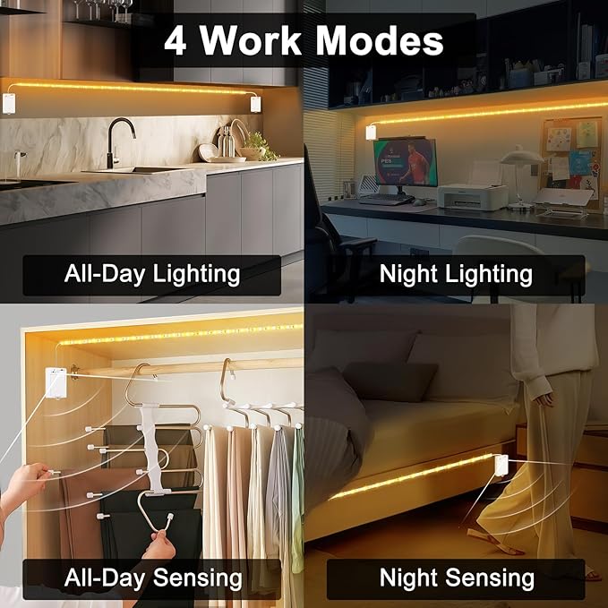 OMIKA 16.4FT 150LEDs 2700K Warm White Motion Activated Under Cabinet Lights, Rechargeable Cuttable Adjustable Dual Motion Sensor Light Indoor, Two Motion Sensor LED Strip for Stairway Closet Corridor