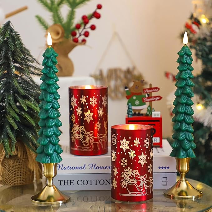 Lezonic Christmas Flameless Candles with Remote, Green Christmas Tree Flickering Battery Operated Window Candlesticks, Red Glass Xmas New Year Decorations Gifts, Set of 4 Real Wax LED Candles