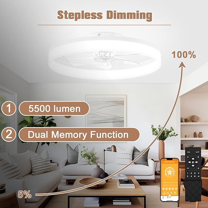 VOLISUN Low Profile Bladeless Ceiling Fans with Dimmable LED Light, 23.6in Flush Mount for Bedroom (White)