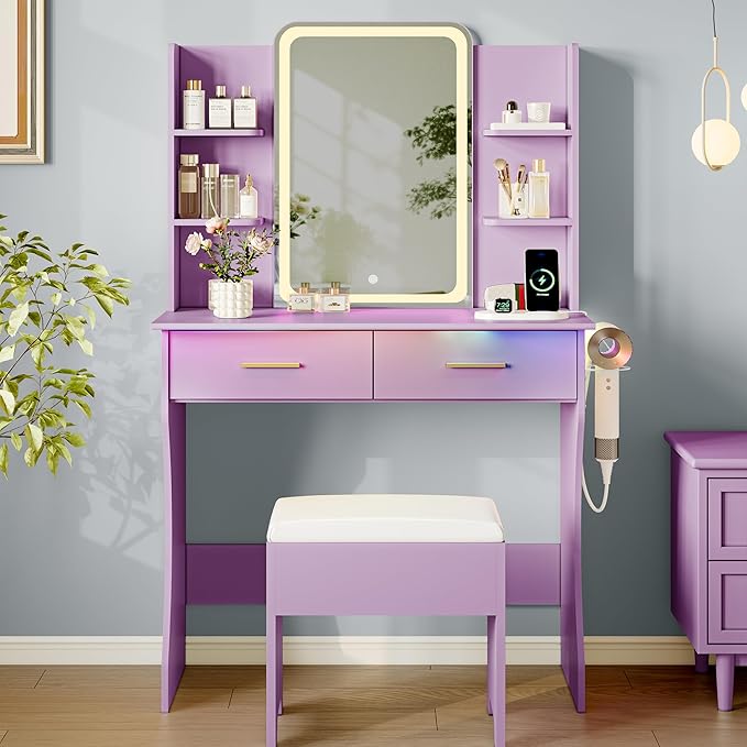 Makeup Vanity Desk with Mirror & Lights, Small Vanity Table Set for Girls with Chair & Power Outlet, Modern Dressing Table with 2 Drawers & 4 Storage Shelves, Adjustable RGB Lighting - Purple