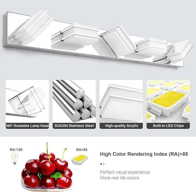 3 Color Temperature Dimmable Vanity Lighting Fixtures, LED Chrome 5 Light Bathroom Vanity Light, Acrylic Stainless Steel Square Shade Vanity Lights for Bathroom, ETL Certificated