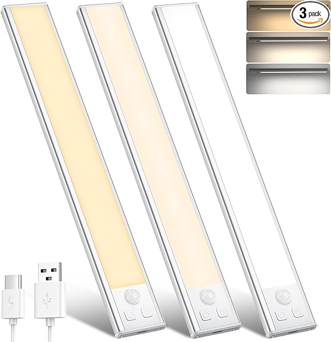 Under Cabinet Lights Motion Sensor 3 Color Temperatures LED Closet Light, USB-C Rechargeable Under Counter Lights Night Light for Kitchen, Wardrobe (Silver - 3 Color, 12.2 Inch - 3 Pack)