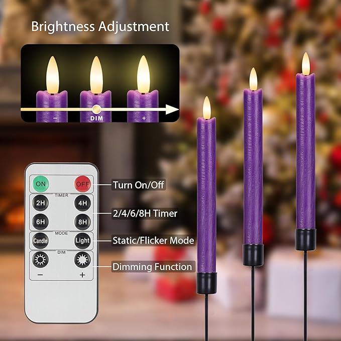 Purple Flameless Taper Candles with Remote, 3 Pack Real Wax Battery Operated Candles, 9.6 Inch Flickering Led Christmas Candlesticks Decorations for Winter Home Holiday Xmas Gift