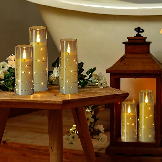 Wondise Flameless Flickering Candles with Embedded Star String Remote and Timer Battery Operated Flickering LED Candles Durable Acrylic Shell Pillar Candles for Christamas Home Decoration (7pack