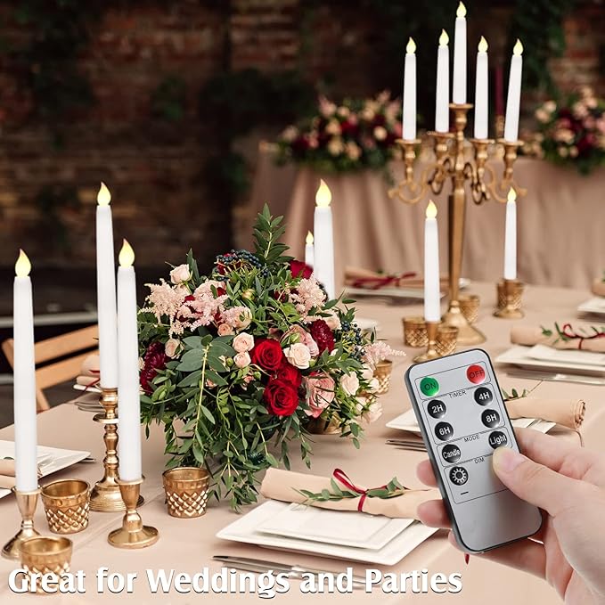 Tuanse 24 Pack Flameless Taper Candles with Remote & Timer, 11" Flickering 3D LED Battery Operated Window Candlesticks, Dimmable for Wedding Table Centerpieces Home Valentine’s Decor(White)