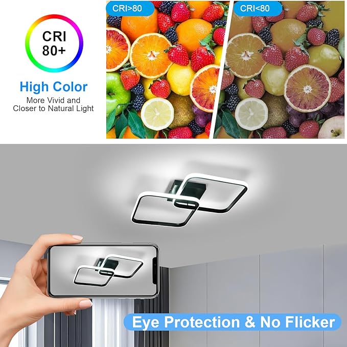 DELIPOP 25 Inch Modern Ceiling Light, 40W Sqaure LED Ceiling Light 3000k/4500k/6500k 3 Color Temperatures Adjusted Flush Mount Ceiling Light for Hallway Bedroom Bathroom Living Room