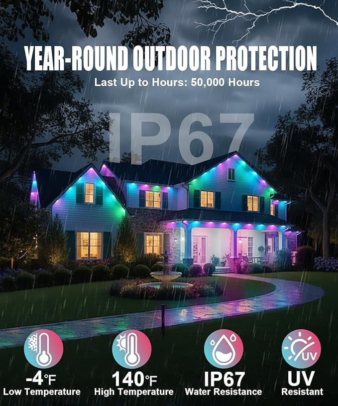 Permanent Outdoor Lights for House, 100Ft Smart RGB+IC Outdoor Decor Lights, 75 Scene Modes, APP & Remote Control, IP67 Waterproof, for Christmas, Daily & Holiday, House Roof Lighting