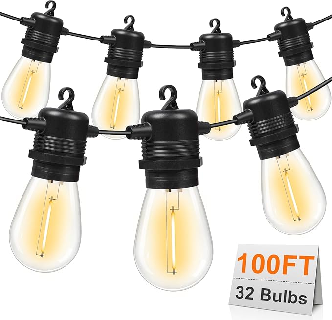 100FT LED Outdoor String Lights, Commercial Grade Patio Lights with 30+2 Shatterproof S14 Edison Vintage Bulb for Outside Backyard Porch Balcony Party Cafe Decor