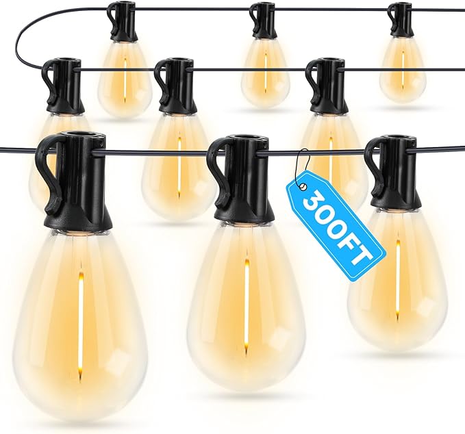 LED Outdoor String Lights, 300FT Waterproof Patio Lights with 92 Shatterproof S11 Plastic Bulbs, 2700K Warm White Edison Hanging Lights for Backyard, Garden, Porch, Bistro