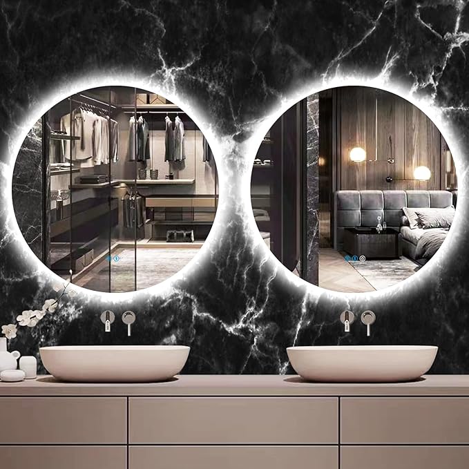 36 Inch Backlit Round Mirror with Lights 3 Color Adjustable Brightness AntiFog Frameless 36" Round Circle Lighted Vanity Mirror for Bathroom Wall Circle Rounds Light up Smart Mirrors