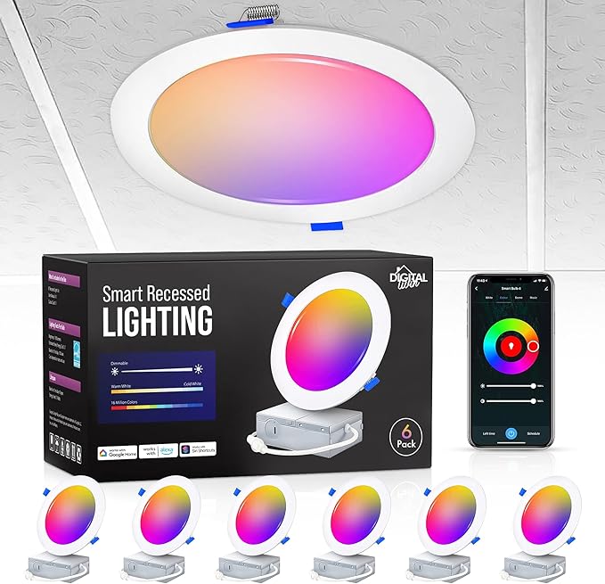 Smart Recessed Lighting: 6 inch 6 Pack WiFi Enabled, Color Changing, RGB Dimmable Ceiling Light with Easy Install Junction Box