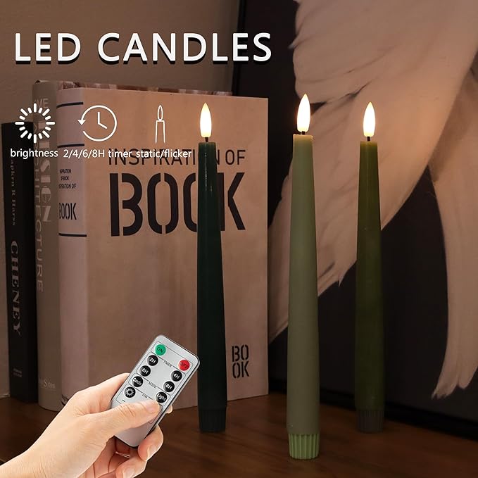 Green Flameless Taper Candles, 9.6" Real Wax Battery Operated Candles with Remote, 3 Pack Flickering, Gradient Candlesticks, Fake Candle for Home, Wedding, Party Decor