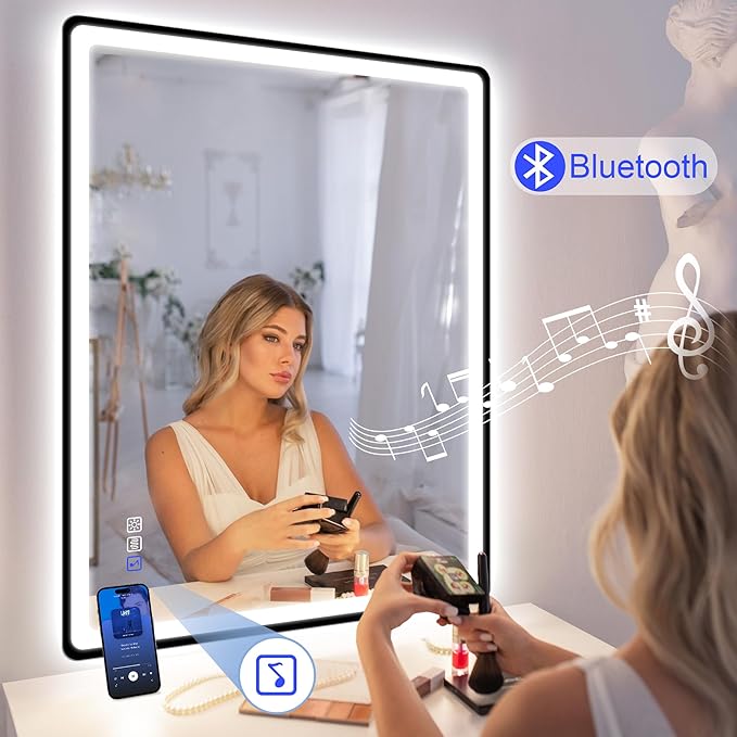 STARLEAD 28"x36" Black Frameless LED Bathroom Mirror with Bluetooth Speaker, 3 Color Temperature, Stepless Dimming, Anti-Fog, Touch Control, Wall-Mounted Vanity Mirror, Vertical or Horizontal