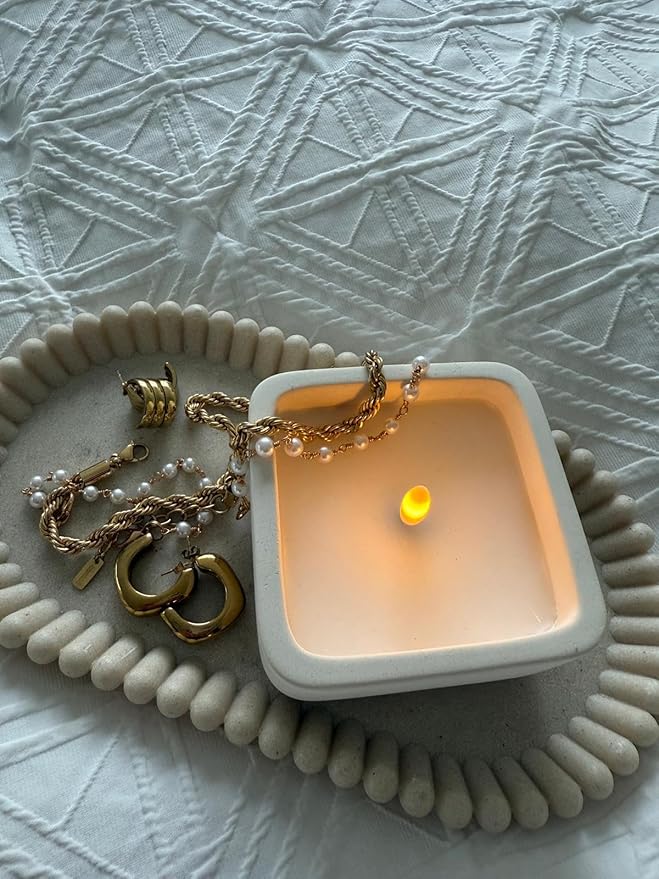 Square Flameless Candles (Ivory) - LED Flickering Fake Candles - Made of Real Wax in a Cement Base - an Ideal Gift.
