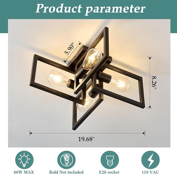 ZGLAOJT 4-Light Flush Mount Ceiling Light Black Industrial Kitchen Light Fixtures Modern Matte Sputnik Chandelier for Dining Room Bedroom Farmhouse Living Room.