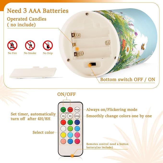 Doodle Flower and Butterfly Pattern Flameless Candles Color Changing LED Candles with Remote Control Battery Candles for Outdoor and Indoor Home and Room Decoration, 3'' x 4''/5'' Set of 2 Piece