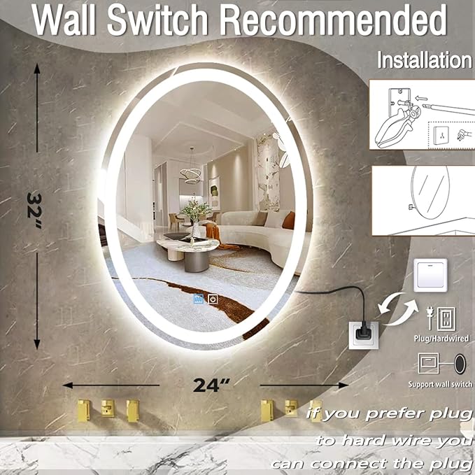 24 x 32 Inch Oval Vanity Mirror with Lights Oval LED Mirror for Bathroom Wall Mounted Oval Lighted Mirror Dimmable 3 Color Light Oval Mirror Anti Fog 32" Bathroom Oval Smart Light up Mirror