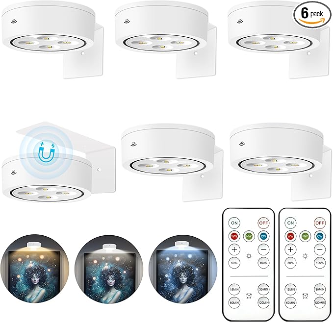 6Pcs Picture Light Battery Operated, Magnetic Led Painting Light with Remote Dimmable and Timer, 3 Lighting Modes Art Display Light for Picture Frame Paintings, Wireless Wall Decor Puck Lights