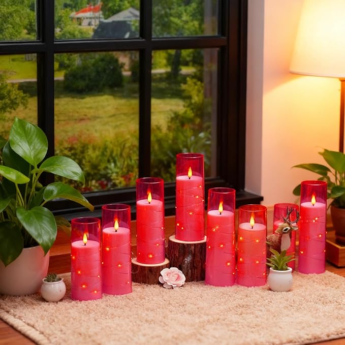 Flameless Candles with Embedded Star String, Battery Operated LED Pillar Candles with Timer and Remote Control,Home Decorating for Ambiance， Set of 7 (Pink)