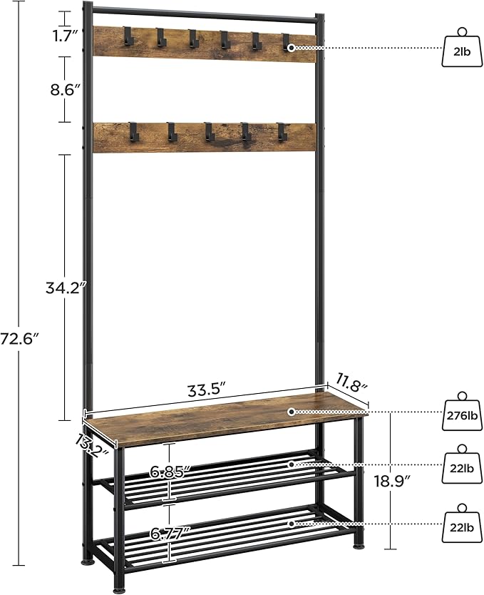 Yaheetech 3-in-1 Hall Tree, Coat Rack Shoe Bench with 11 Removable Hooks and Storage Metal Shelves, Industrial Entryway Storage Bench, Easy Assembly, 33.5× 13.5× 73 Inches, Rustic Brown