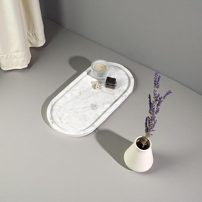 Marble Vanity Tray Organizer - 9.8"x5" Italy Natural Stone Decorative Tray，Jewelry, Perfume & Candle Display Tray，Bathroom Vanity, Dresser Top, Nightstand Decor