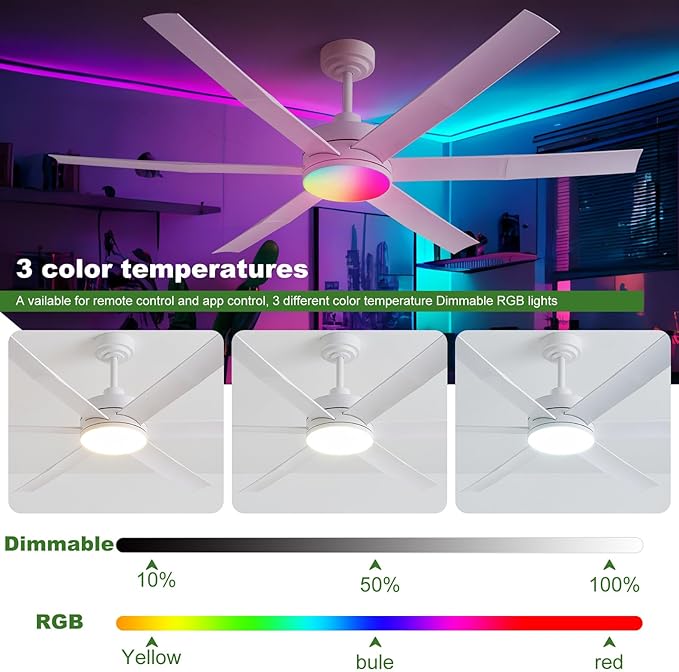 60" Smart Ceiling Fan with RGB Chasing Lights – Quiet DC Motor with Sectional Blades Dimmable CCT via App & Remote Control, Fits Flat or Sloped Ceiling Mount for Large Living Rooms, White