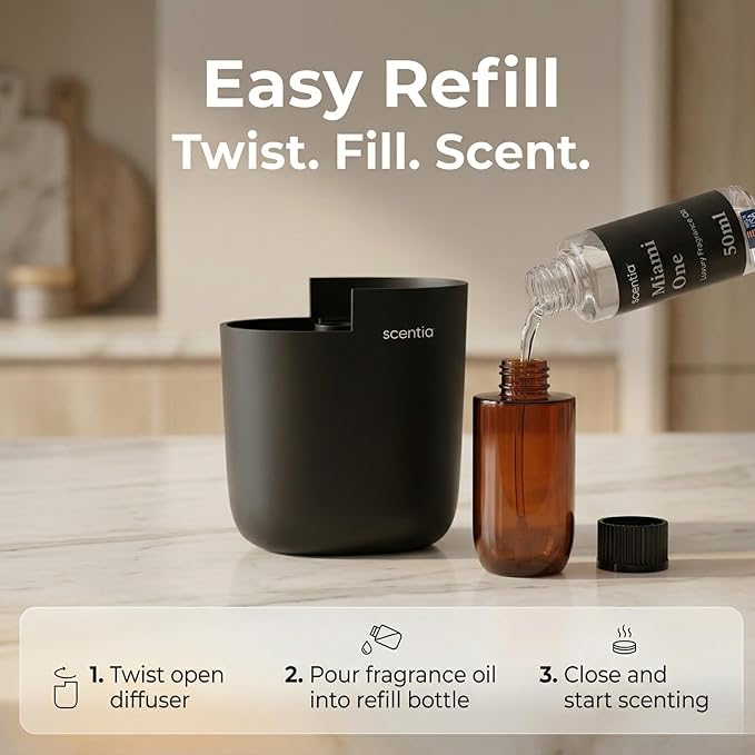 Scentia Waterless Plug-in Scent Diffuser with App Control | Essential Oil Diffuser | Hotel-Inspired Scent Included | 600 Sq. Ft. Coverage | Housewarming Gift | Black