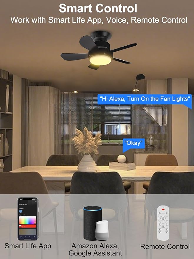 Ligency 16" Smart Socket Fan Light with Alexa - Screw-in Small Ceiling Fan with Remote, RGBW & 3000-6500K Dimmable, 6-Speed Reversible Quiet Motor, E26/E27 Base Fan for Bedroom, Garage, Black