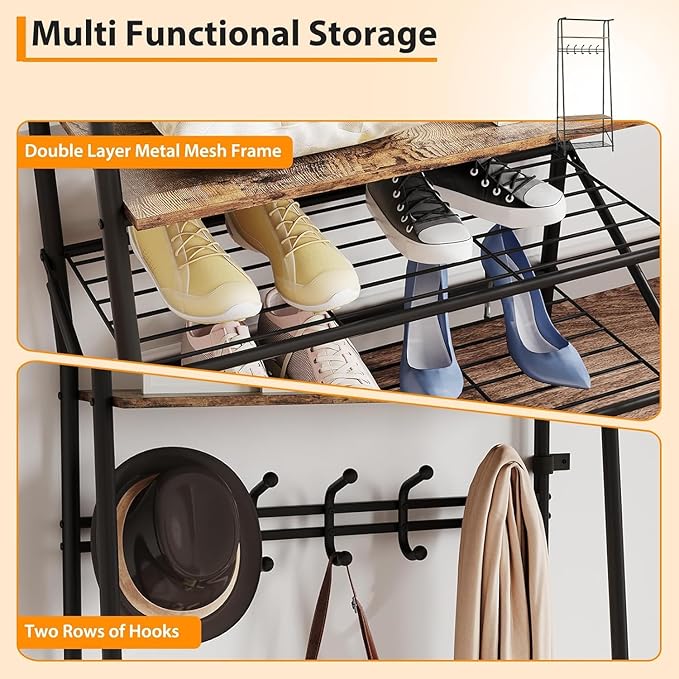 Hall Tree, Entryway Hall Tree with Shoe Rack, Coat Rack with Shoe Rack and Hooks, 25” Freestanding Metal Entryway Organizer with 4-Tier Storage Shelves for Hallway, Bathroom, Small Spaces
