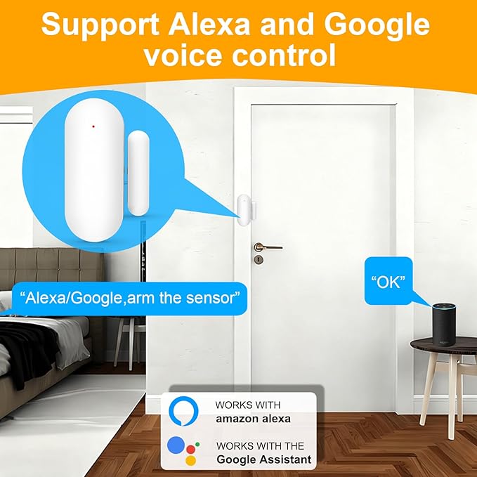 WiFi Magnetic Door Sensor Alarm with App That Alerts Your Phone, Mini Wireless Window Alarms When Opened for Home Security, No Hub Required, Smart Sliding Door Contact Sensors Chimes Safety Protection