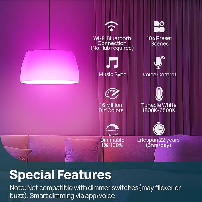 Linkind Smart Light Bulbs, A19 Smart Bulb - 1100LM(75W Equivalent), Works with Alexa & Google Home, E26 RGBTW Color Changing Bulbs with Music Sync, 2.4GHz Wi-Fi & Bluetooth, 11W, 4Pack