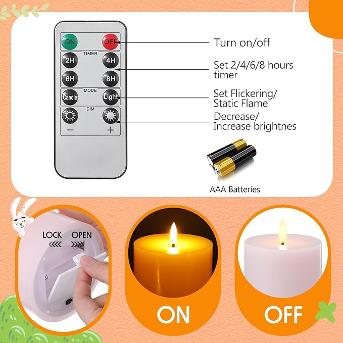 Retisee 3 Pcs Large Easter Flameless LED Candles with Remote Battery Operated Pillar Flickering Candle Light for Spring Indoor Outdoor Party Wedding Decor(6''/8''/12''x4'')