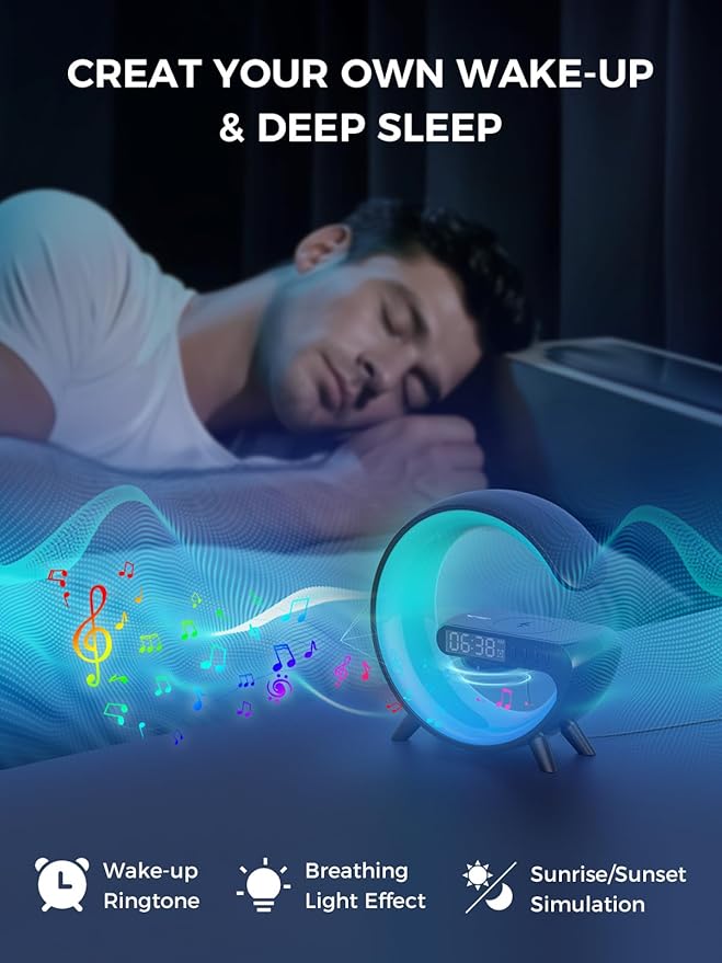 Smiling Shark Wake Up Light, Atmosphere Desk Light with 15W Wireless Charger & Bluetooth Speaker Button Control 10 Lights Mode Sunrise Simulation Alarm Clock Smart Light for Home Decor Bedroom