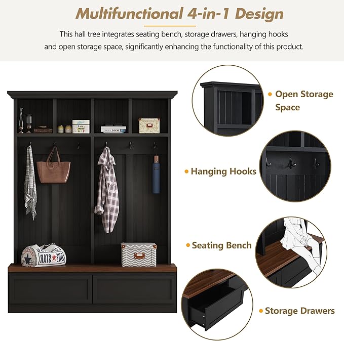 LUMISOL Mudroom Entryway Hall Tree with Storage Bench, 4-in-1 Farmhouse Coat Rack with Open Compartments and 2 Large Drawer for Entryway, Hallyway Shoe Cabinet with 6 Hanging Hooks, Black