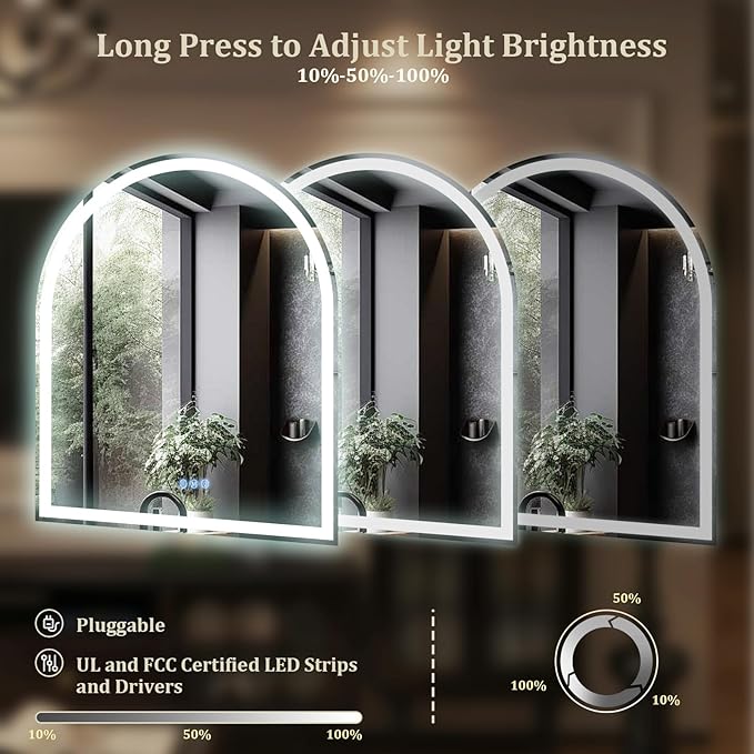 BEAUTYPEAK 34x30 LED Arch Bathroom Mirror with Lights, Anti-Fog, Dimmable, Backlit + Front Lit, Lighted Bathroom Vanity Mirror for Wall, 3 Colors, Memory Function, Tempered Glass, Shatter-Proof