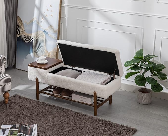 Modern Entryway Storage Bench, Upholstered Shoe Ottoman Bench, Sherpa Flip-Top End of Bed Bench with Wood Shelf/Coffee Table for Living Room/Bedroom/Hallway/Under Window,46.5 Inches,Beige Fur