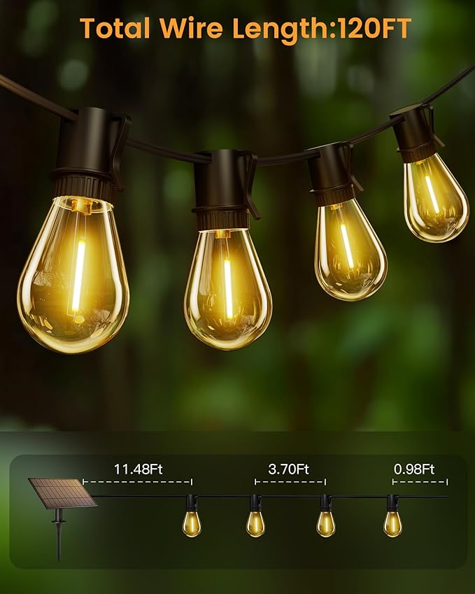 Torkase Solar String Lights Outdoor, 120FT 30+2 Shatterproof S14 LED Bulbs, Waterproof, USB Rechargeable, 2200K Warm White, Energy-Saving Hanging Patio Lights for Garden, Porch, Bistro, Deck, Market