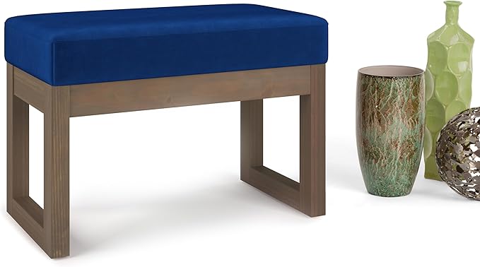 SIMPLIHOME Milltown Small Ottoman Bench - 27 inch Wide Upholstered Velvet Fabric Rectangle Footstool Ottoman in Blue, Contemporary Bench for Bedroom with Cushioned Seat, Assembled